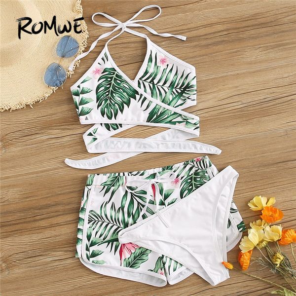 

romwe sport halter bikini set summer random tropical cross wrap 3 piece swimsuit women beach bathing suits ladies swimwear