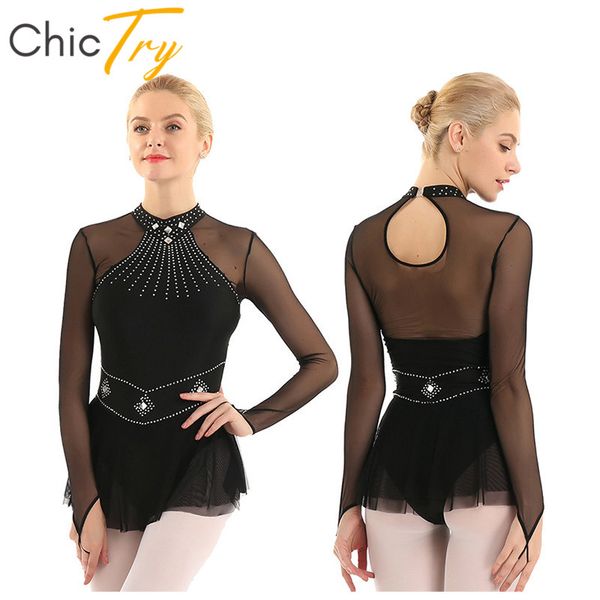 

chictry shiny rhinestone mesh long sleeve stage dance costume ballet gymnastics leotard for women figure ice skating dress, Black;red