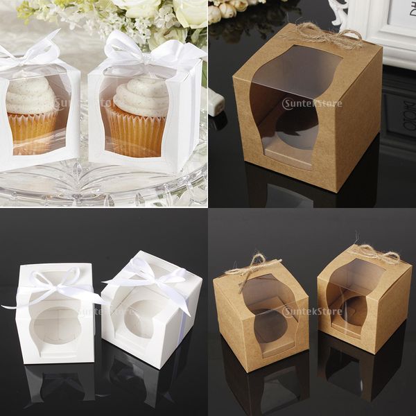 

12pcs vintage paper cake cupcake box bakery box with window paper with rope birthday wedding favor gift mini packaging