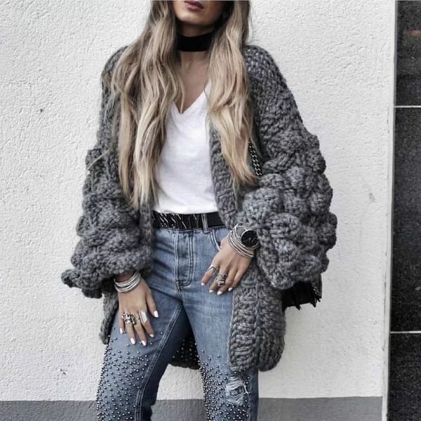 

autumn coarse wool hook sweater hand knitted cardigan v-neck loose rough wool knitted lantern sleeved jacket open stitch, White