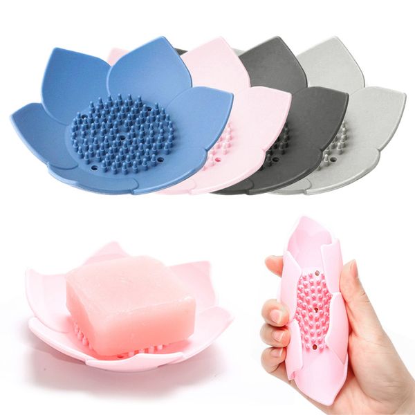 

Flexible Silicone Plates Lotus Flower Shower Bath Tray Box Soap Dish Storage Drain Soap Holder Soap Saver Bathroom Gadgets, Pink
