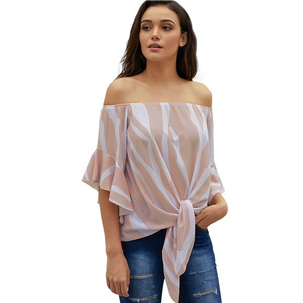 

women's summer off shoulder loose 3/4 sleeve tie knot tunic shirt blouses, White