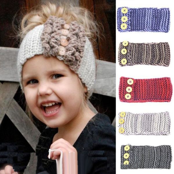 Mode Baby Stirnbänder Woolen Garn Häkeln Stirnband Earflap Kinder Mädchen Stricken Winter Ohr Wärmer Kinder Headwrap mit Taste dekor