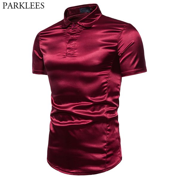 

smooth silk satin shirt men 2018 summer new short sleeve dress shirt men business casual slim fit shiny shirts chemise homme 3xl, White;black