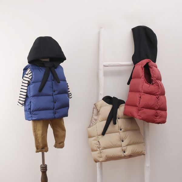 

autumn winter children's clothing pure color polyester single breasted hooded scarf design cotton lining kid zipper down vest, Blue