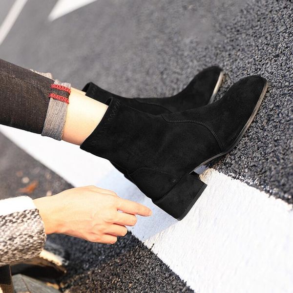 

slip on flock winter boots women thick high heels ankle botas mujer roman short booties big size 34-43 ns66, Black