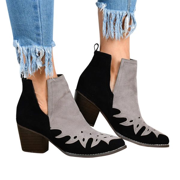 

plus size 35-43 women motorcycle bootsÂ fashion mixed color round toe slip-on square heels vintage suede ankle women booties, Black
