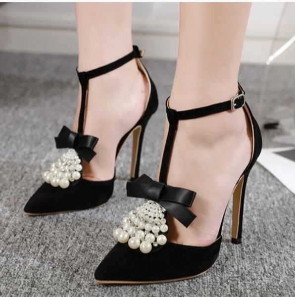 

europe 2019 new flock women sandals pointed toes summer heels pearls rhinestone shoes buckle thin heel black 11cm ship