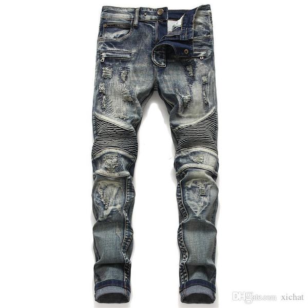 

mens distressed ripped retro skinny jeans fashion designer slim fit motorcycle moto biker causal denim pants hip hop trousers bp1806, Blue