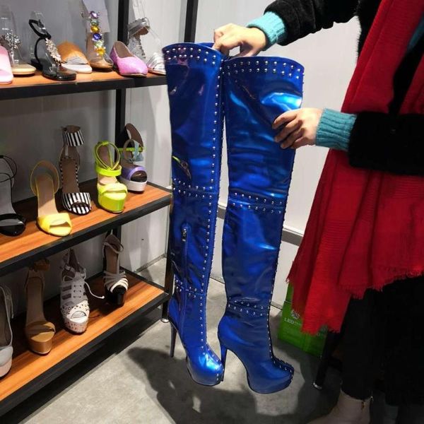 

2020 new handmade ladies thigh high boots rivets spikes over knee boots club party prom fashion evening shoes, Black