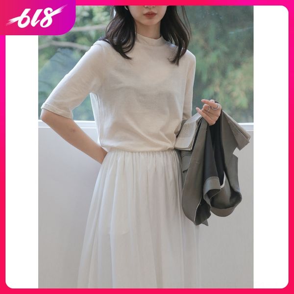 

мулан полу-высокий воротник с короткими рукавами футболки осень 2020 простой половина рукав хлопок свободные футболки 7755, White