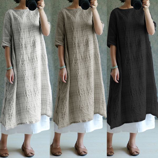 

zanzea vintage summer dress 2019 women retro plaid linen dresses women clothes ladies casual loose sundress vestidos plus size, Black;gray