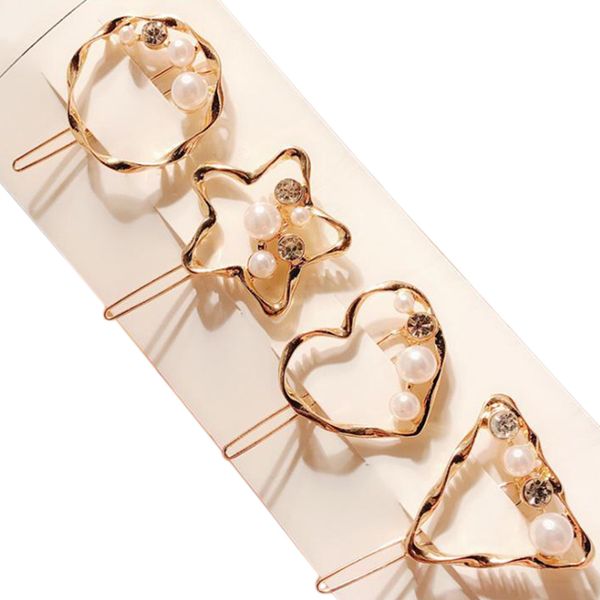 

1 set 4 pcs korean style pearl hairpins woman barrettes geometric hair clips girls hair accessories grip headwear bb clips, Golden;white