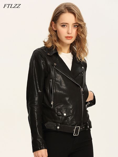 

ftlzz байкерская кожаная куртка женская тонкая короткая черная искусственная кожаная куртка искусственная мото верхняя одежда с поясом, Black