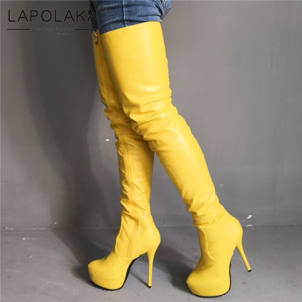 

lapolaka brand design big size 35-47 customized quality women shoes woman party yellow thin high heels over the knee boots, Black