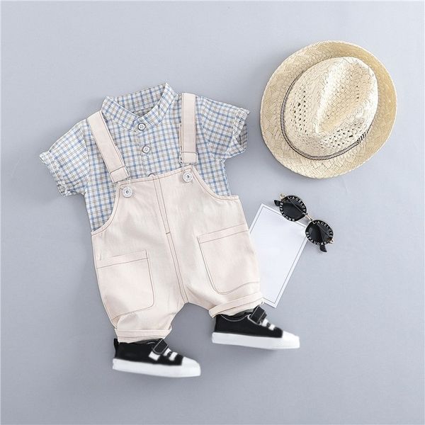 

summer baby boys short 2pcs/set sleeve plaid print shirts+strap shorts casual outfits sets, White
