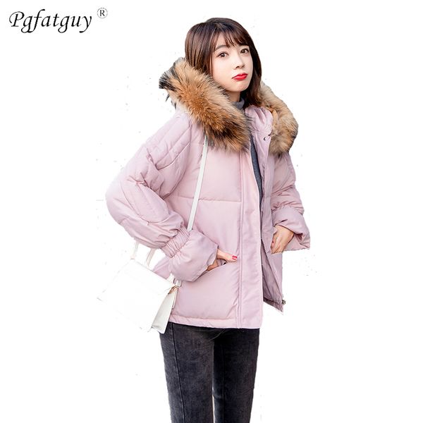 

new 2018 women big fur collar hooded thick warm coat winter short parkas pink princess sleeves down cotton padded jackets female, Black