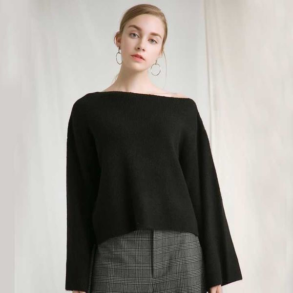 

women loose long pagoda sleeve inclined slash neck off shoulder knitted fashion winter sweaters, White;black