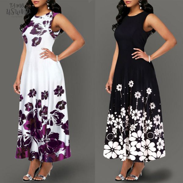 

summer women fashion dress vintage a line casual dresses floral print dress tunic long sleeveless floral print elegant sundress, Black;gray