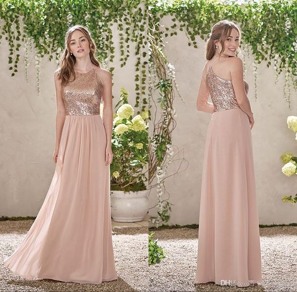 Abito da damigella d'onore in oro rosa in chiffon lungo capestro a linea una linea cinghie ruffli arrossito rosa damigella d'onore abiti da sposa abiti da sposa