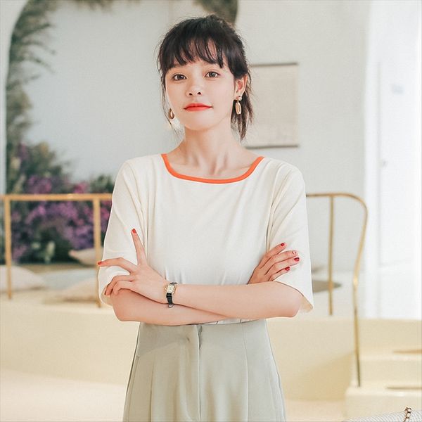 

women's hipster short skirt skirt 2020 summer clothes simple contrast color loose versatile student short-sleeved t-shirt female, White