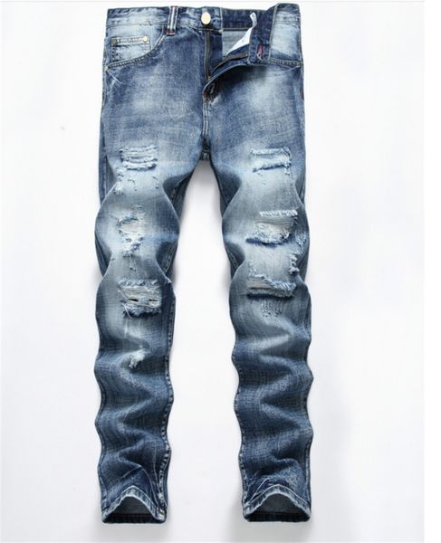 

new male ripped skinny bike jeans men destroyed hole hip hop slim fit denim men denim trousers pants, Blue