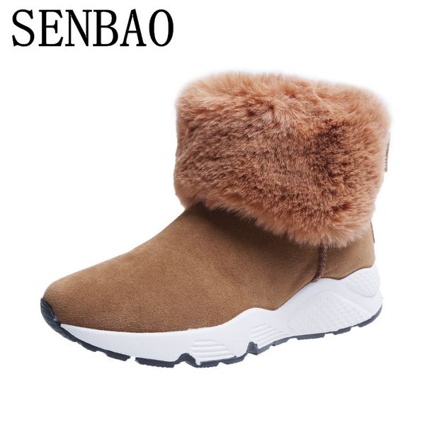 

senbao women snow boots winter fur ankle boot female bowtie warmer plush suede rubber flat slip on fashion platform ladies shoes, Black