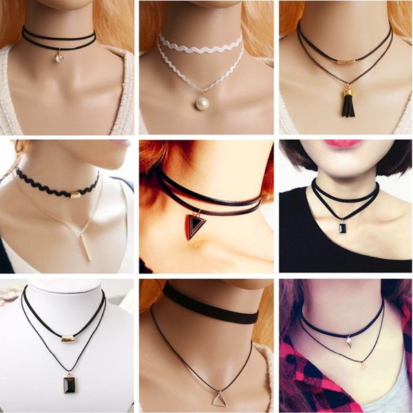 

fashion double layer necklaces wholesale tassel pendants necklaces black velvet leather chokers for women jewelry, Golden;silver