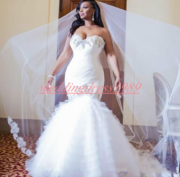 Bela Africana Plus Size Sweetheart Vestidos Noiva Beads Tiered 2020 Sereia Casamento Nupcial Robe de Mariée Vestidos de casamento do país