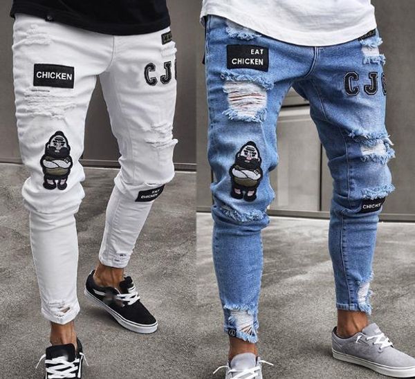 

ripped holes hiphop jeans for mens clothing draped badge designer slim fit jean male denim pants, Blue