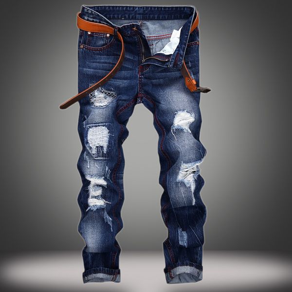 

evjsuse original brand jeans men hole straight slim jeans personality moustache effect men designer destroyed ripped, Blue