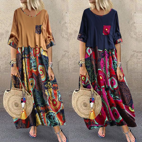 

zanzea vintage print summer dress long maxi vestidso women cotton linen dresses ladies casual loose pockets long shirt vestido, Black;gray