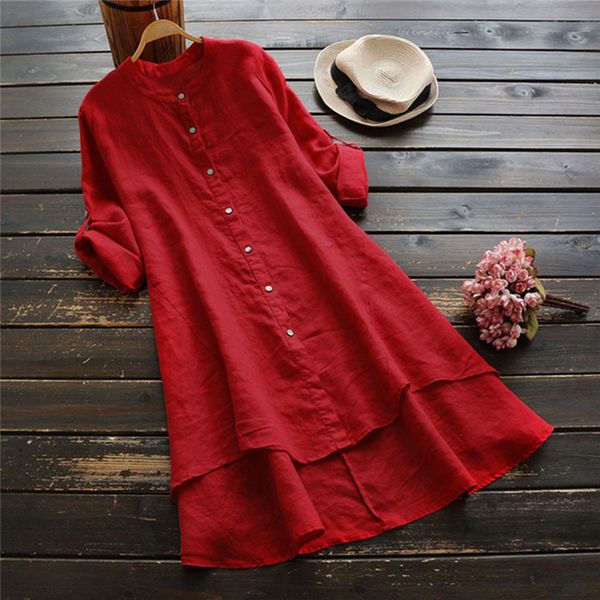 

womail blouse women's casual loose blouse solid color button cotton and linen thin long-sleeved long shirt dropship mar27, White