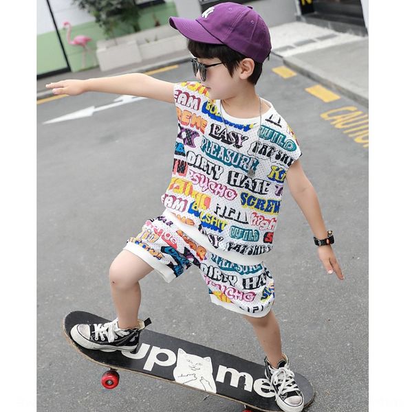 

2020 boy shorts quick-drying vest two-piece full suit pants suit vest pants set print english fashionable ice silk breathable