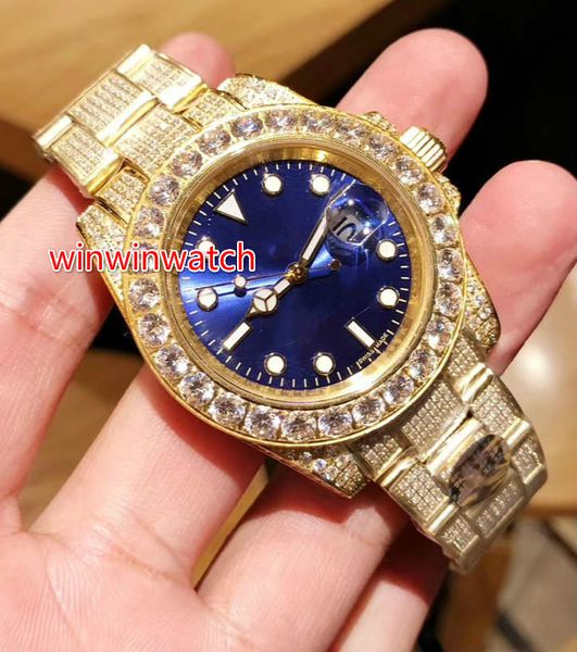 Лучшее качество Full Big Алмазная Часы Iced Out часы Автоматическая 40MM Золото Мужчины водонепроницаемый 316 из нержавеющей стали Большой алмаз ободок