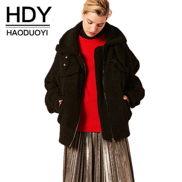 

haoduoyi 2018 new fur coat european american lambswool jacket ladies lapel zipper black imitation lambskin warm fashion jacket