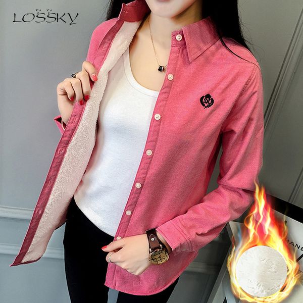 

lossky women cotton blouse autumn winter long sleeve shirt fashion embroidery white velvet thicken warm clothing femme 2019
