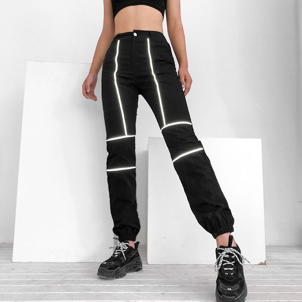 

black high waist cargo pants women pockets patchwork casual funny loose streetwear pencil pants fashion hip hop women trousers, Black;white