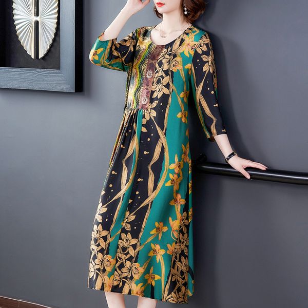 

spring national style printing floral dress vintage vestidos plus size o-neck soft slik dress elegant women robes, Black;gray
