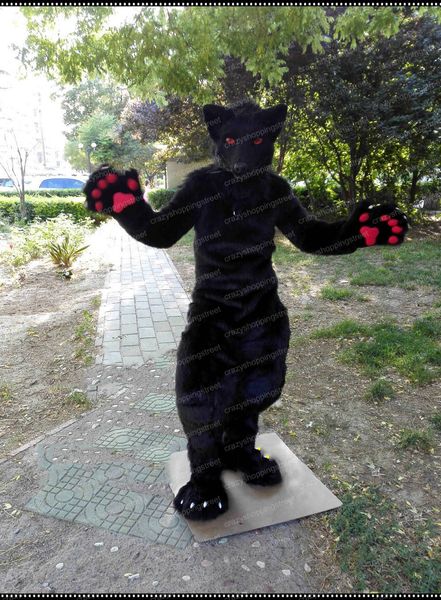 Costume della mascotte del lupo nero di Halloween Lupo mannaro del fumetto degli occhi rossi Personaggio del tema anime Festa di carnevale di Natale Costumi di fantasia Vestito per adulti