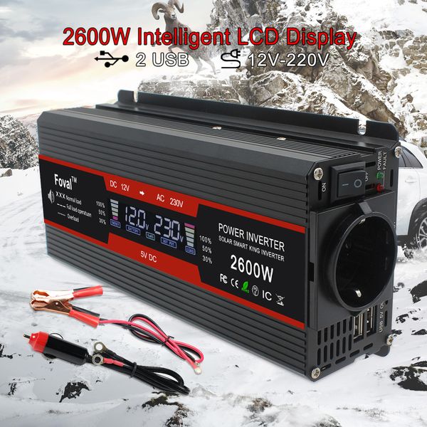 

1500w/2000w/2600w eu socket black lcd display home/car/outing dc 12v to ac 230v modified sine wave dual doubleusb power inverter