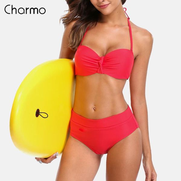 

charmo women bikini set low waist swimsuit swimwear back bandage bikini push up vintage bathing suit bow-knot beachwear