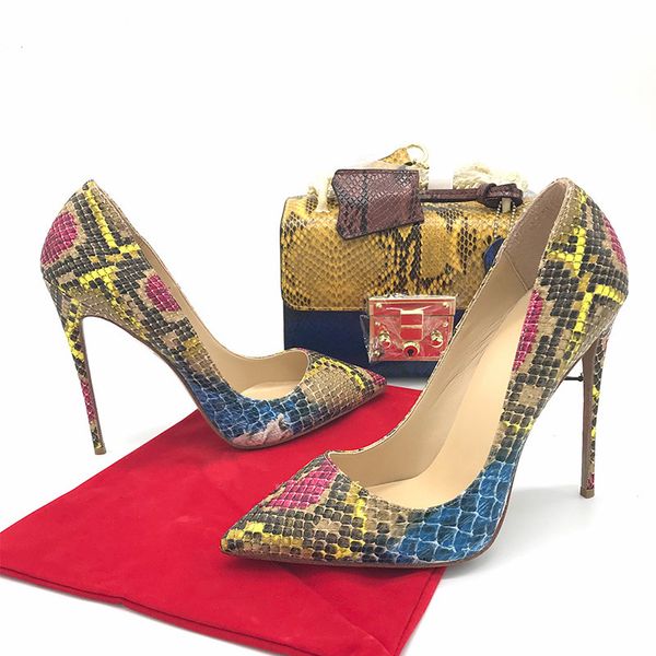

fashion designer pumps pointy toe heels new style snake python printed high heels shoes designer pumps 12cm 10cm with box, Black