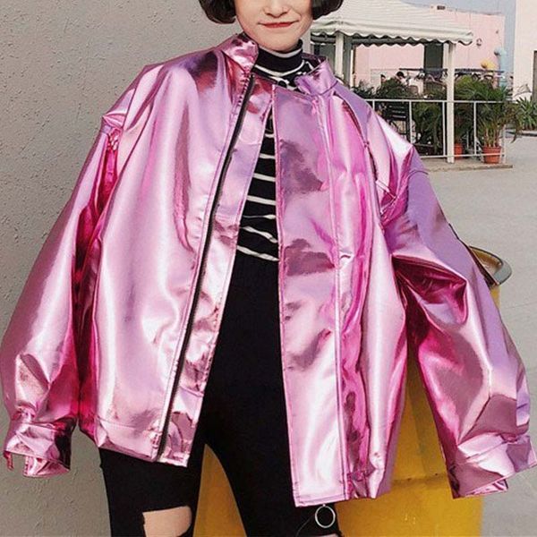 

hip hop punk coat streetwear spring autumn womens metal bomber jacket loose pink silver outerwear chaqueta plus size 4x 6q2454, Black;brown