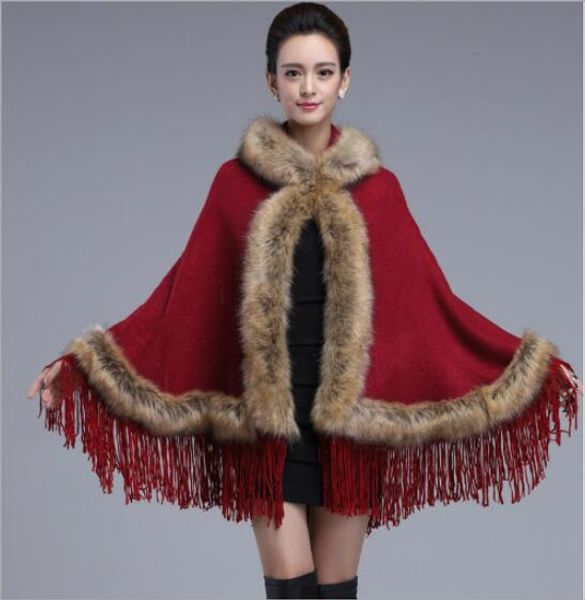 

2019 new fur shawl tassel hooded imitation faux fur collar knit cardigan fashion high street shawl cape cloak, Black