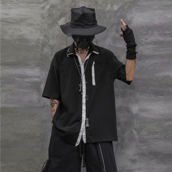 

men's casual shirts 2021 summer youth loose contrast color gender needle five-point sleeve shirt fashion jacket, White;black