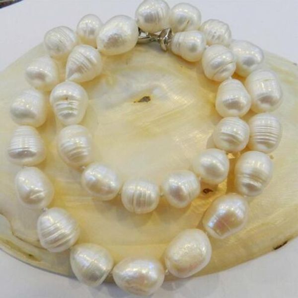 

gran forma de arroz de 12-13 mm blanco natural collar de perlas 18 ", Silver