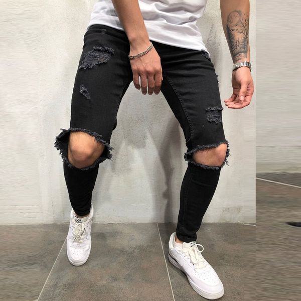 

men joggers sweatpants men's joggertrouser sales men pure color hole denim vintage wash hip hop work trousers jeans pants s-3xl, Black