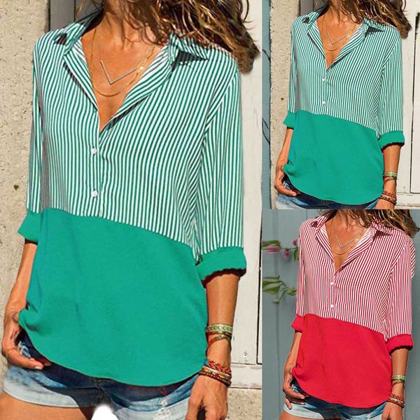 

womail womens blouse big size 2019 fashion plaid patchwork v-neck button pullover women's shirt casual female long sleeve, White