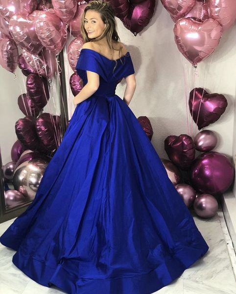 

royal blue off the shoulder evening dress side slit satin prom dresses customize sweep train party formal gowns, Black;red